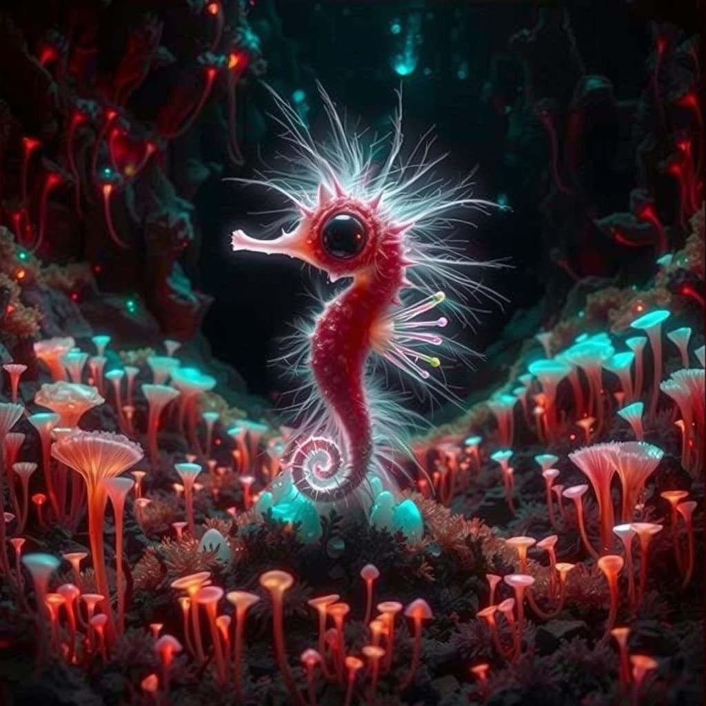 Rainbow Seahorse with Wings in Crystal Cave