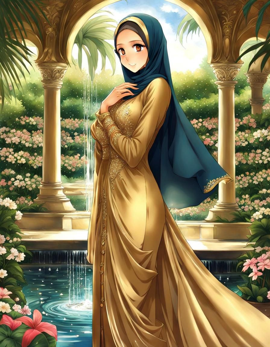 Anime Art: Indonesian Woman in Gold by Fountain