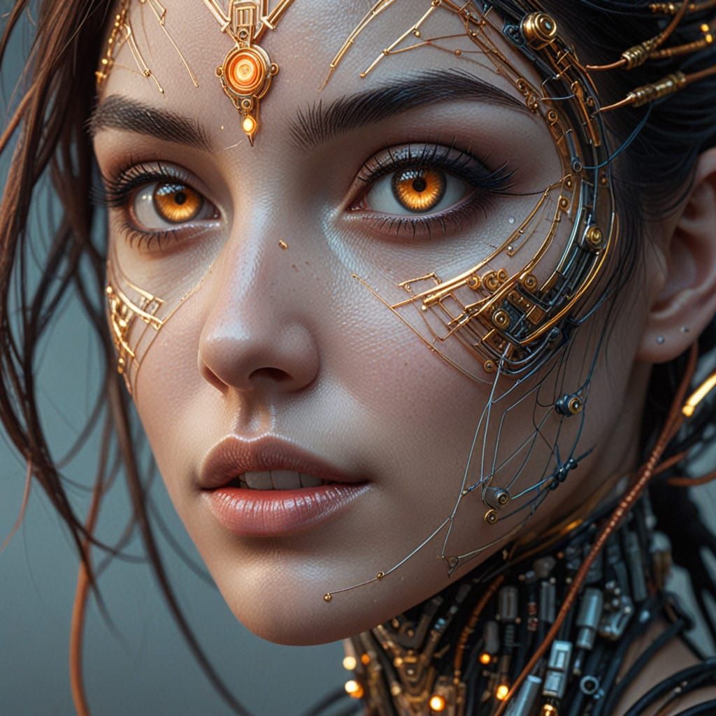 A futuristic portrait of a young cybernetic woman with hyper-realistic facial features. Her skin is smooth, almost porce...