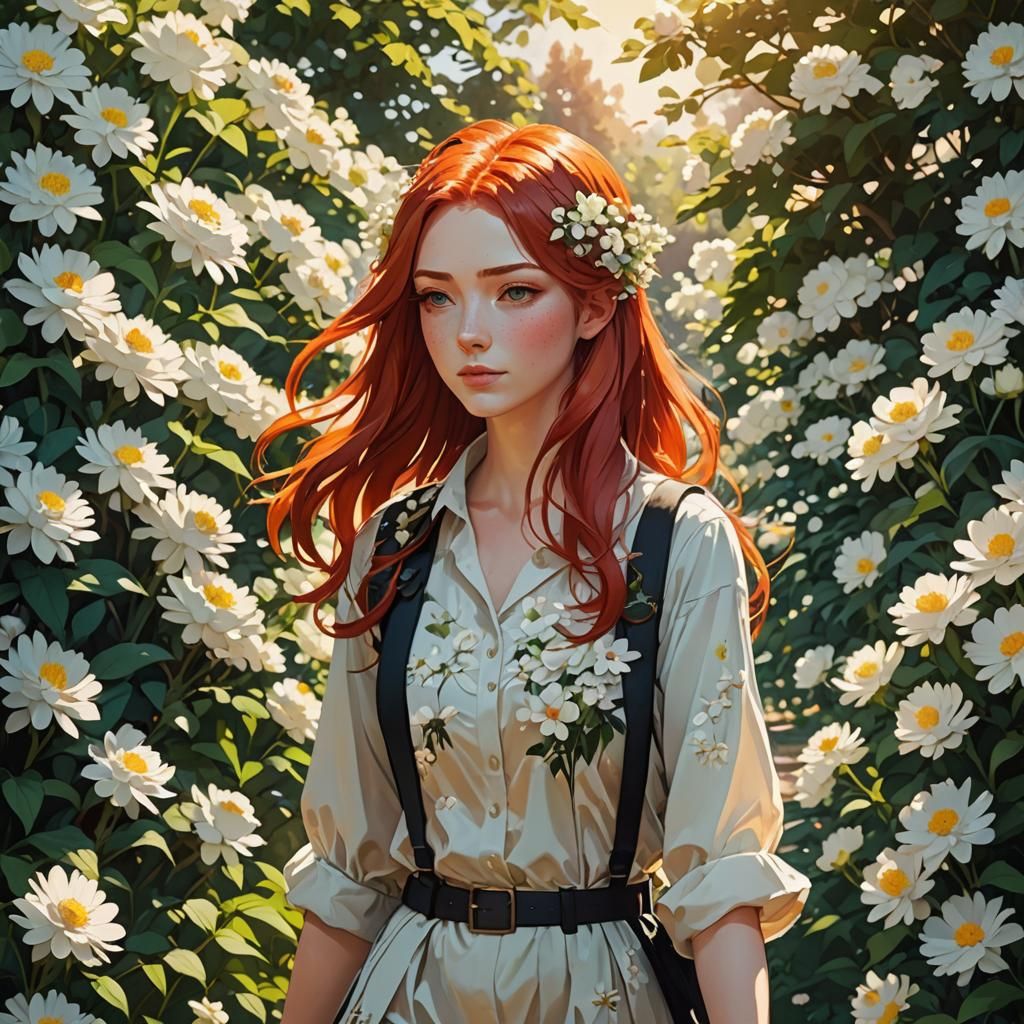 Anime Girl with Red Hair in Flower Garden
