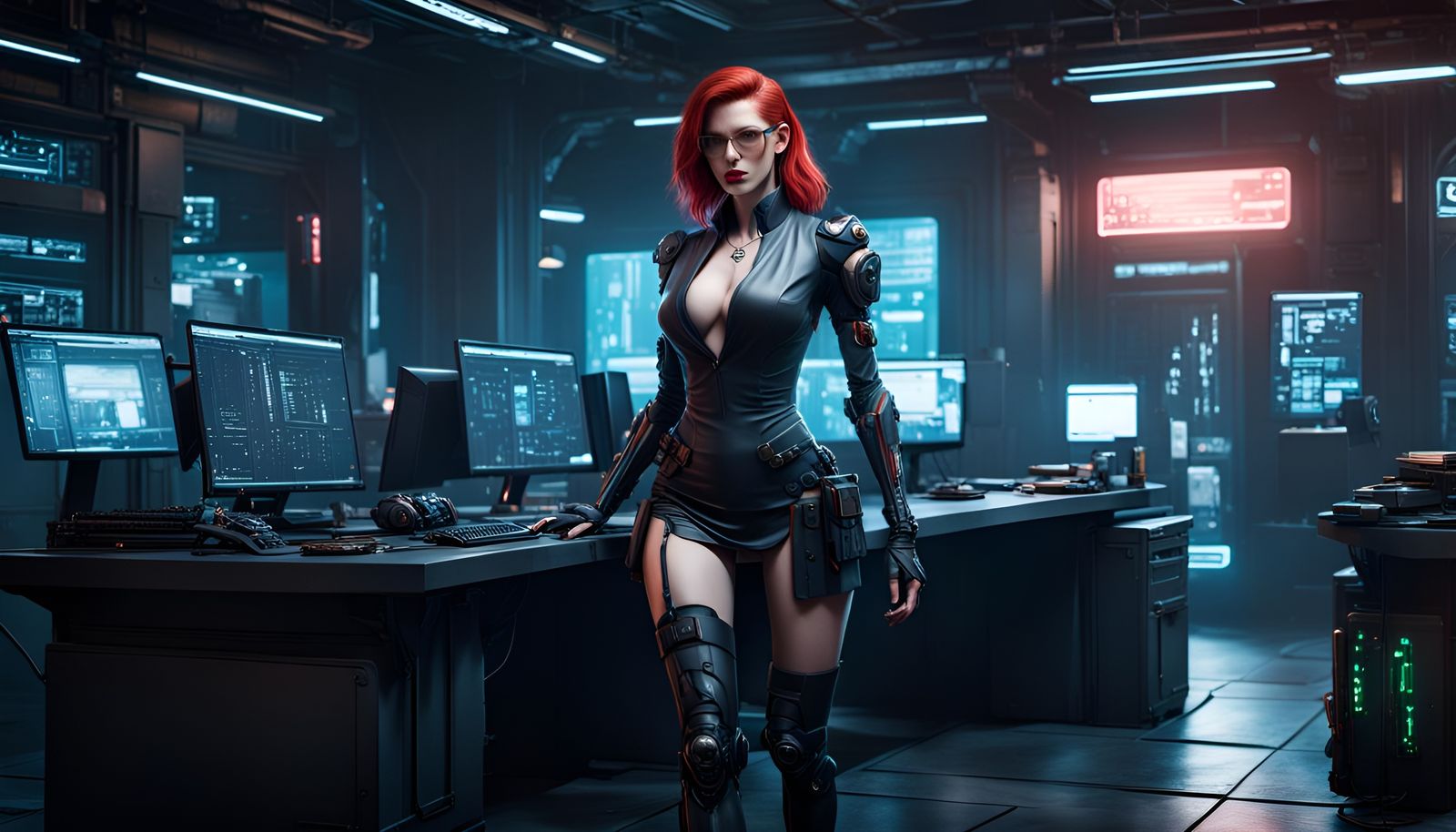 Cyberpunk Secretary with Red Hair, Digital Art