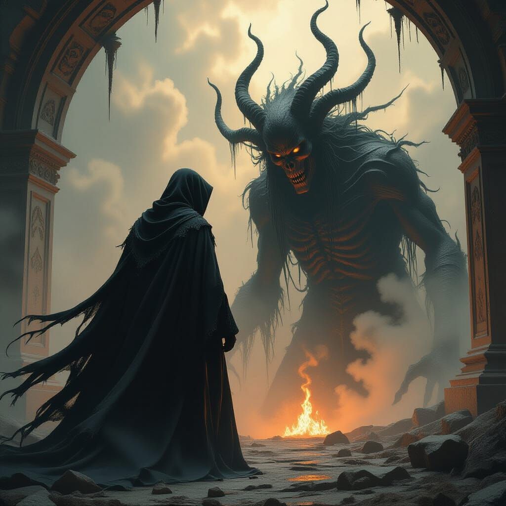 Cosmic Horror: Wanderer Confronts Azathoth in Giger Style