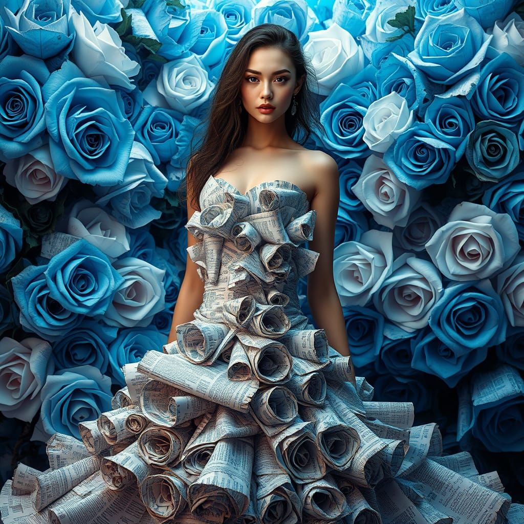 Surreal Fashion Portrait with Newspaper Dress and Roses in D...
