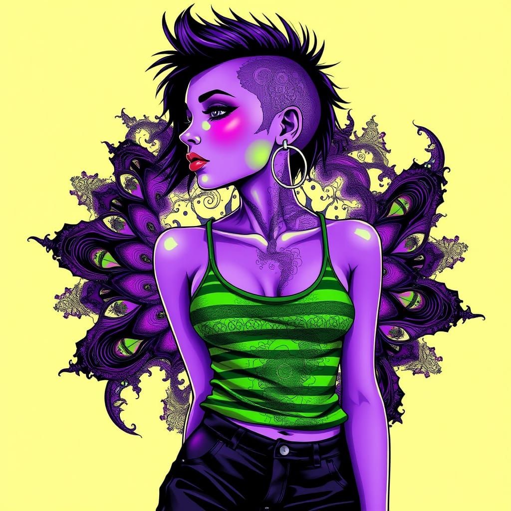 Punk Woman with Purple Mercury Skin and Half-Shaved Head