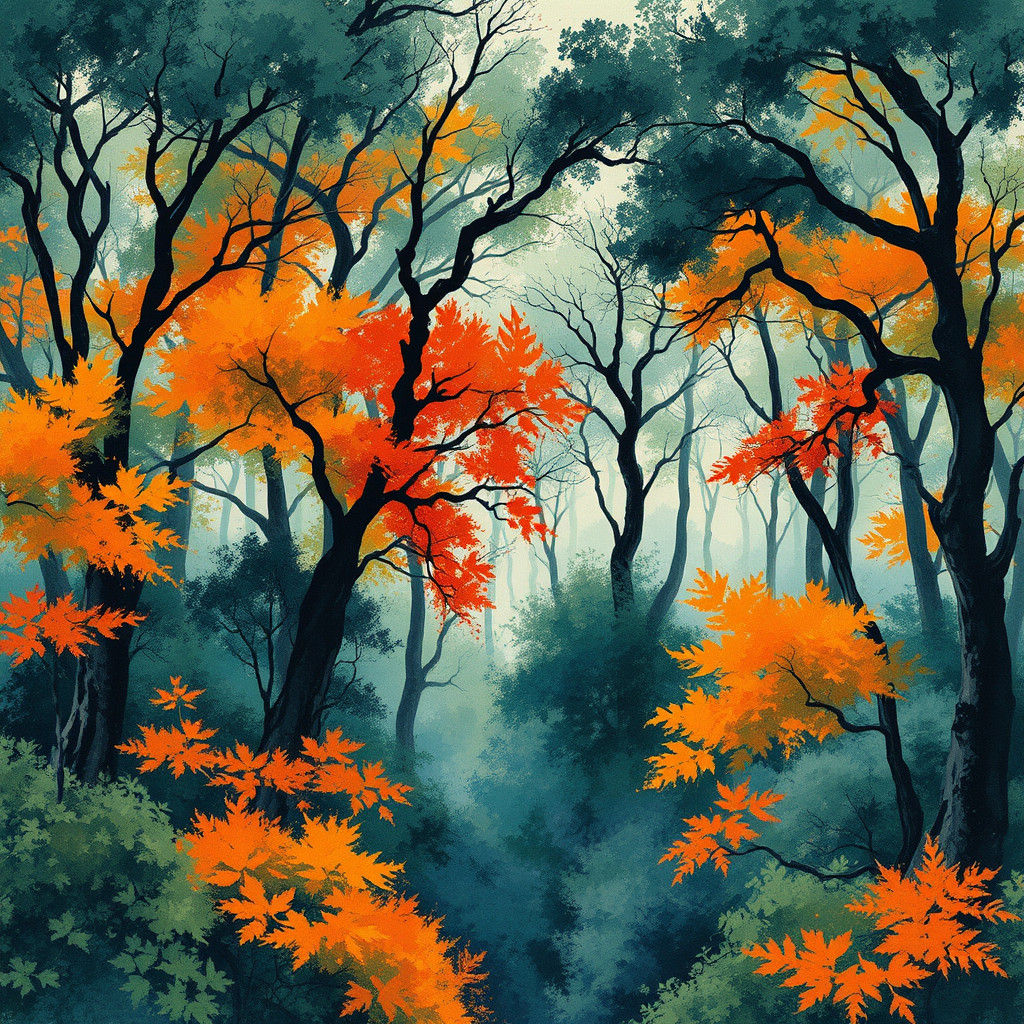Vibrant Forest Landscape in Sumi-e Style
