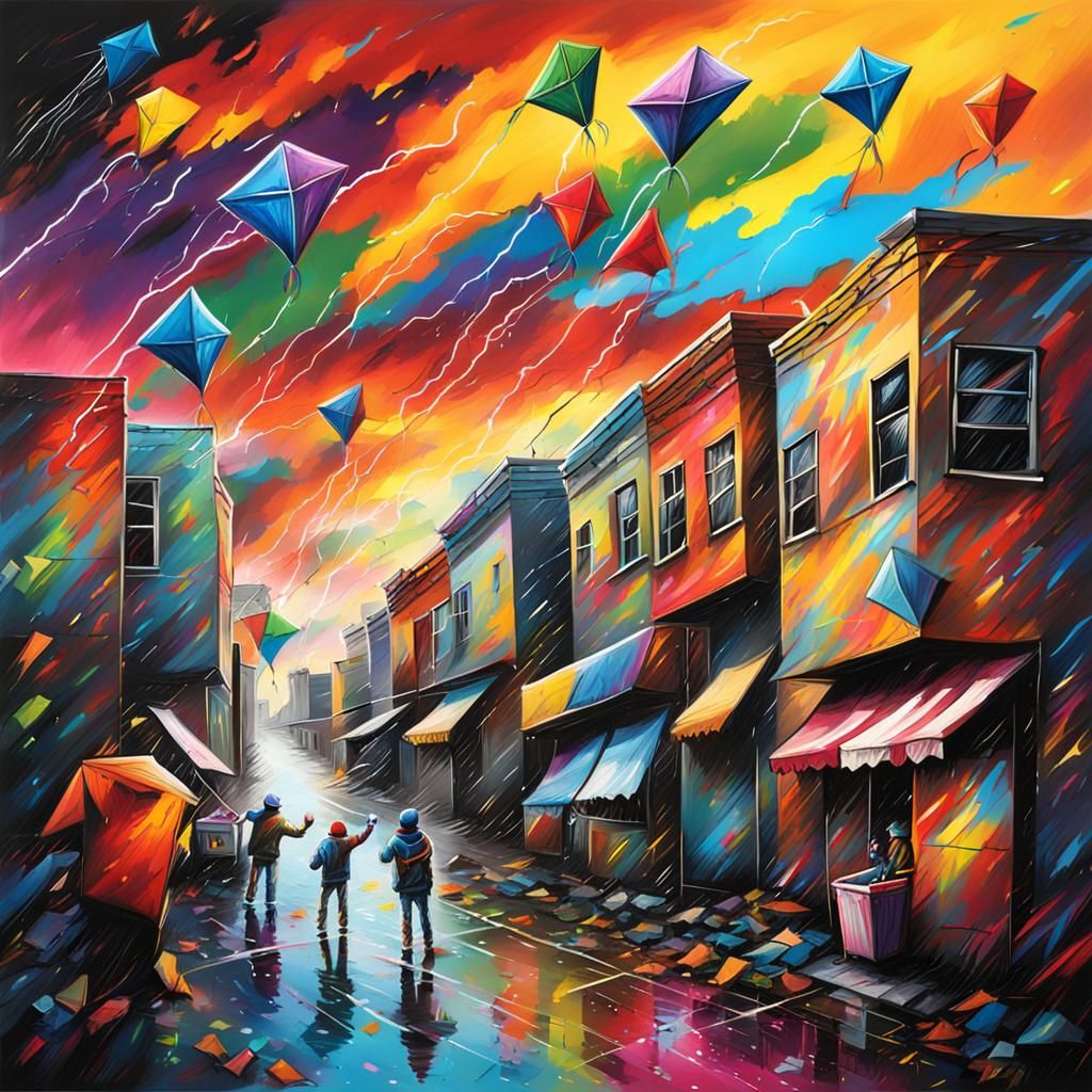 Kites in Lightning Storm: Graffiti Art Style