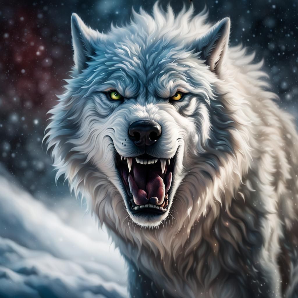 Snarling Snow Dire Wolf in Hyperrealistic Style