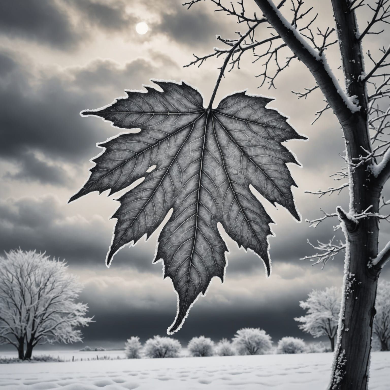 Frozen Leaf in Ukiyo-e Style on Snowy Plain