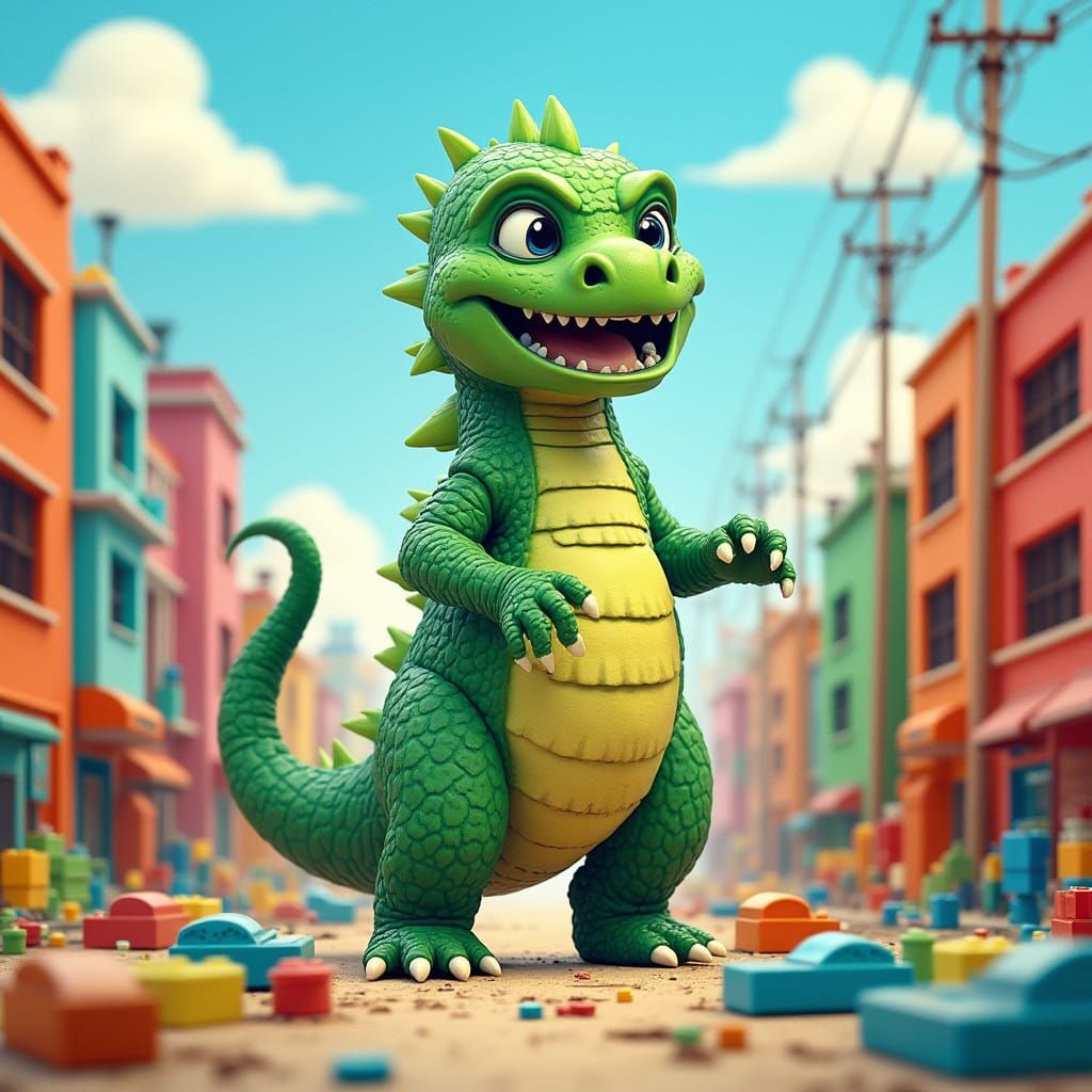 Miniature Godzilla Rampages Through Colorful Toy Cityscape