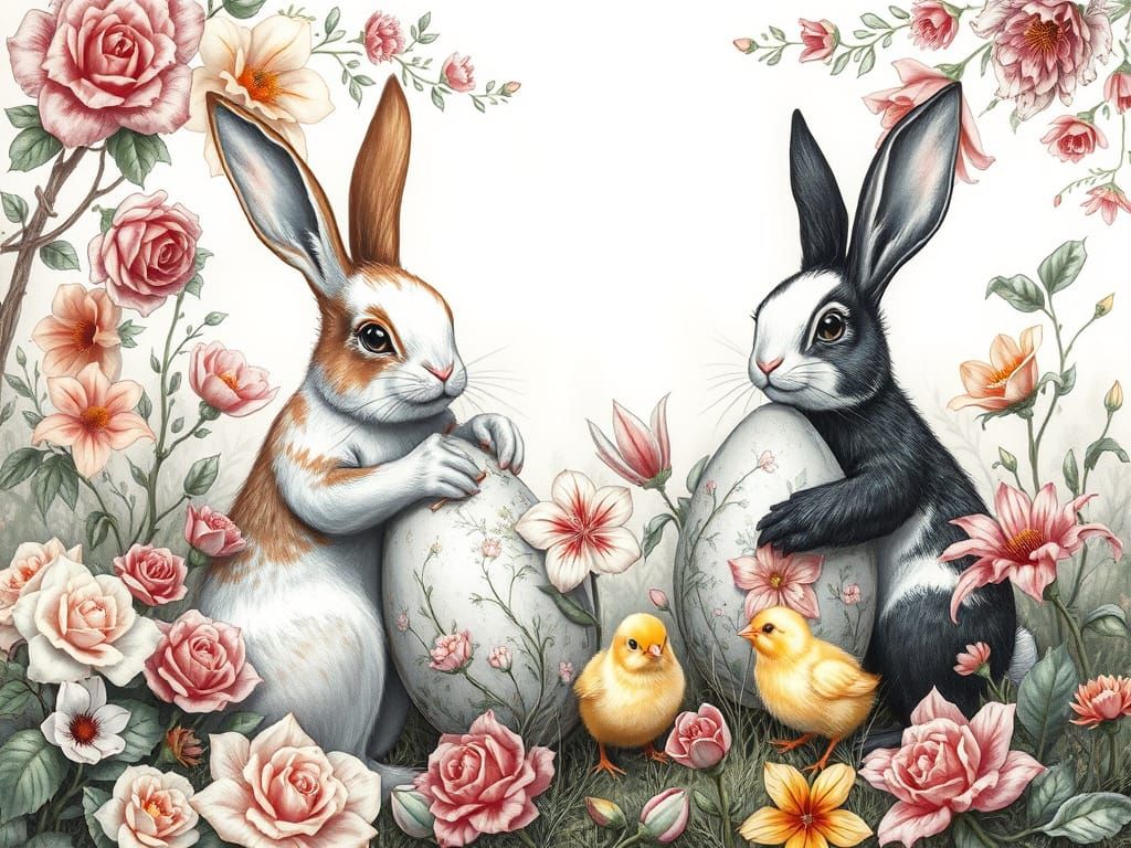 Whimsical Easter: Bunnies Painting Eggs in Charcoal Style