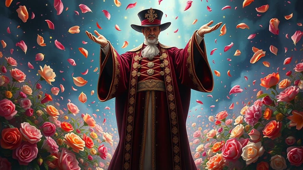 Majestic Magician Amidst Whimsical Floral Explosion in Lavis...