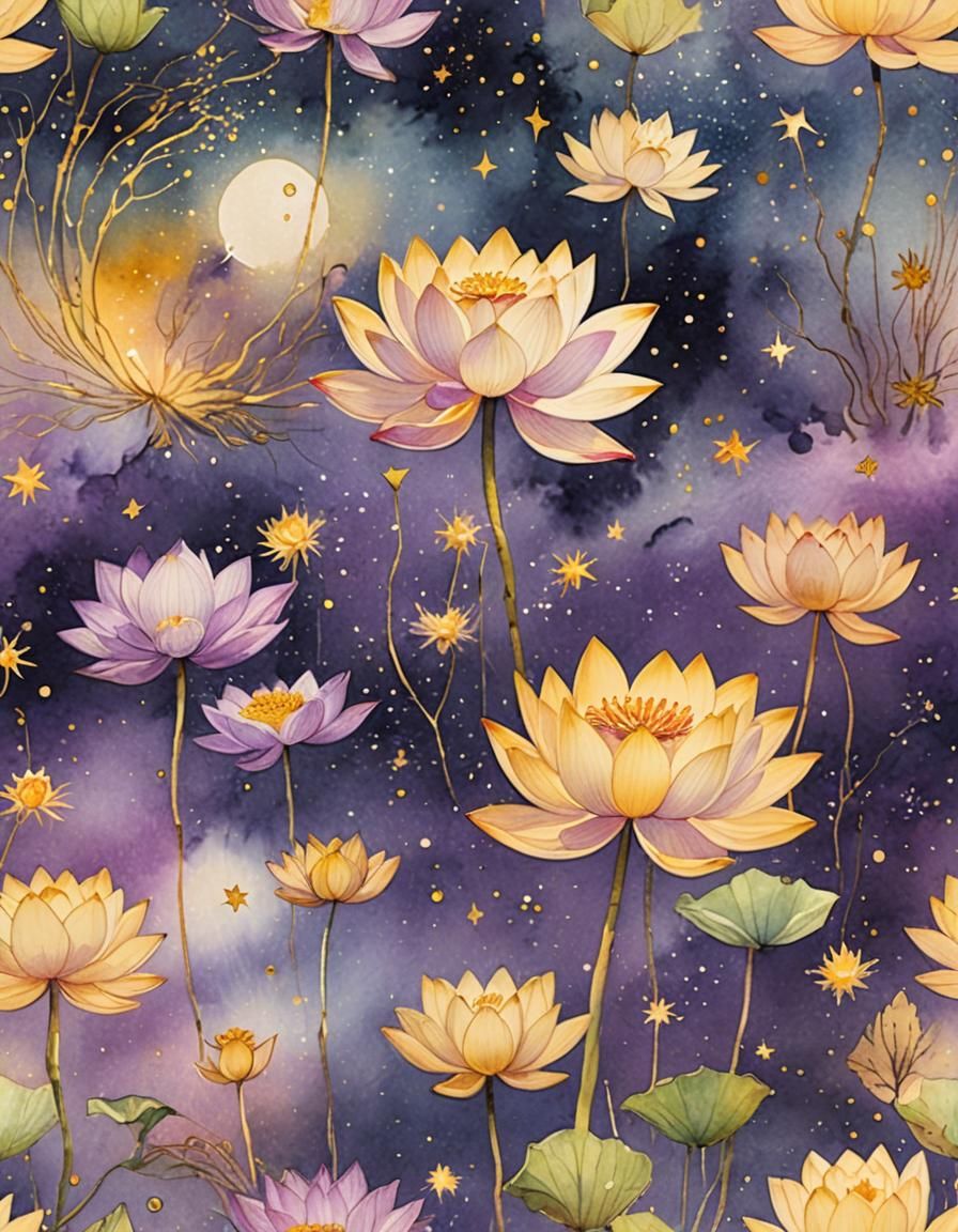 Lotus Flower in Space: Watercolor Art