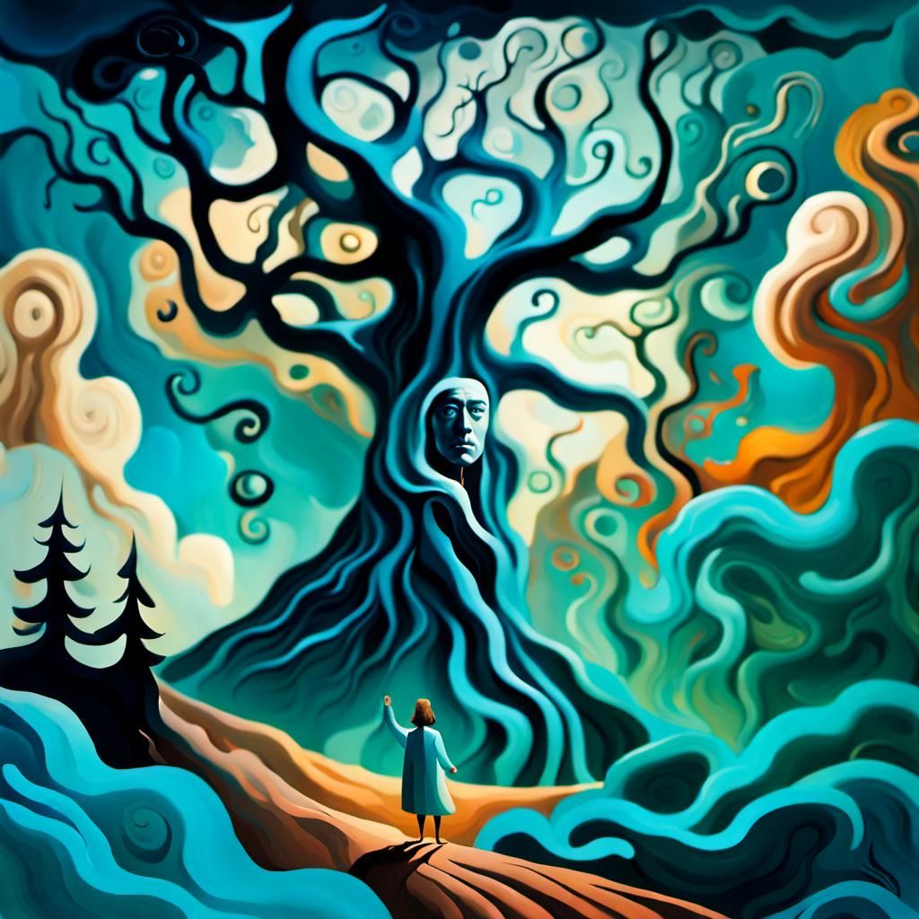 Surreal Gouache Painting of Floating Figure in Dreamscape