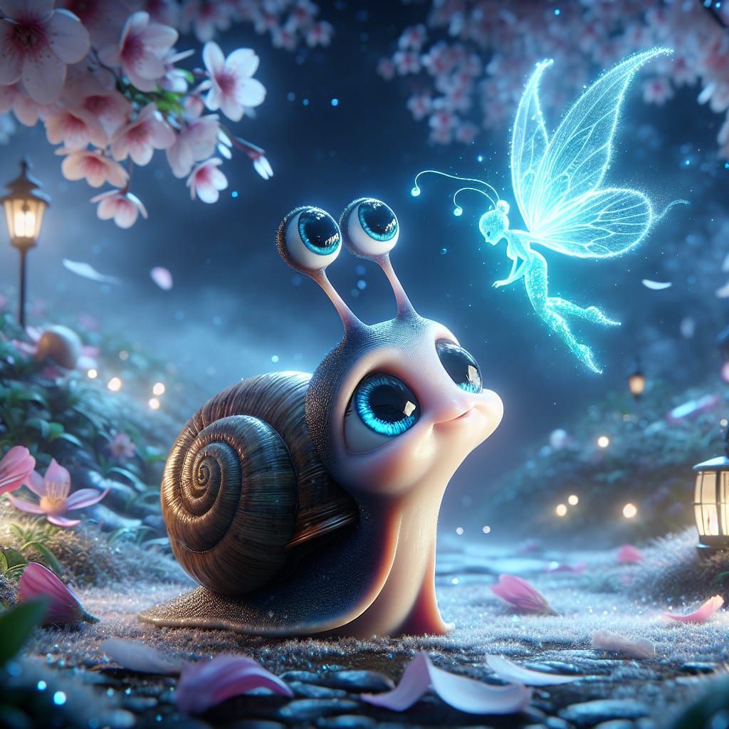Hyper-Realistic Magical Garden Scene with Snail and Firefair...
