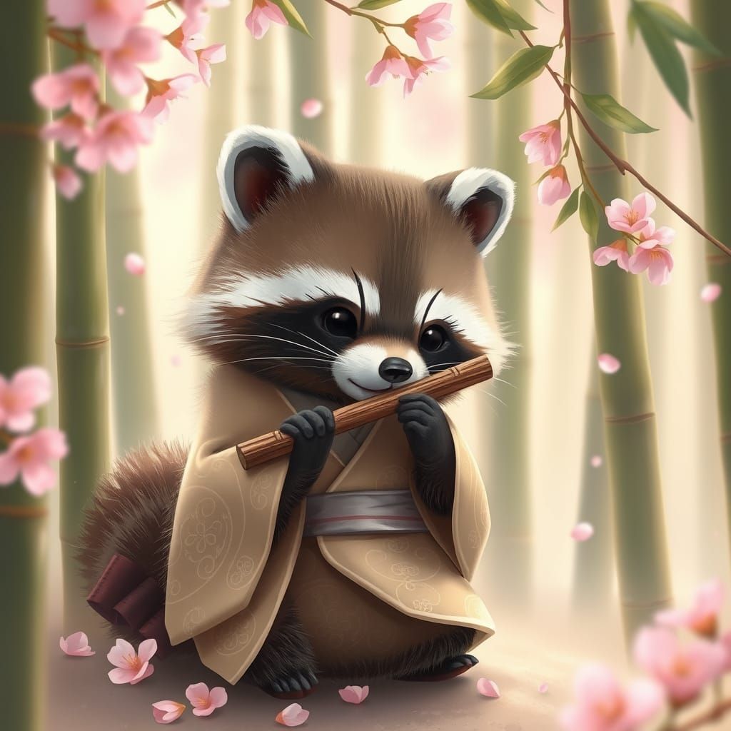 A serene scene of a chibi tanuki playing a traditional Japan...