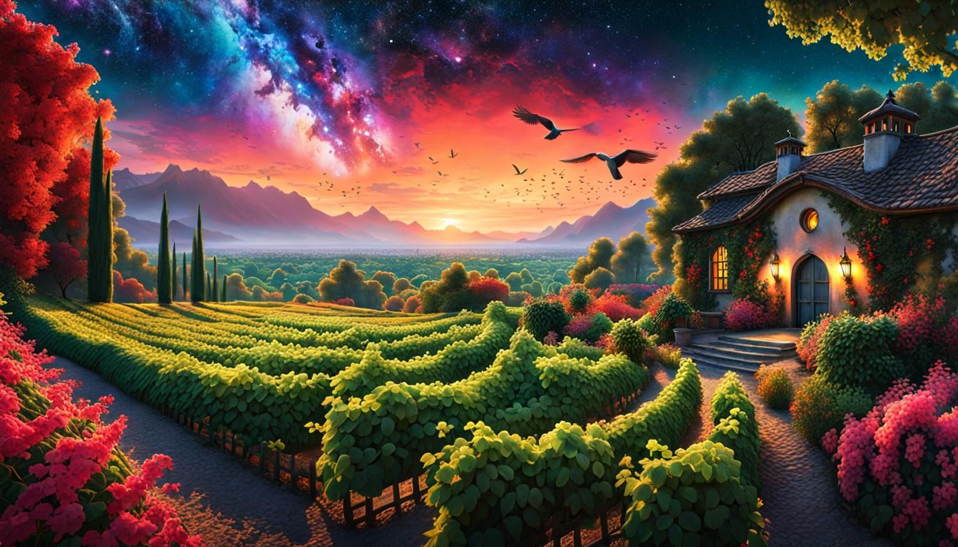 Cosmic Garden with Birds in Hyperrealistic Style