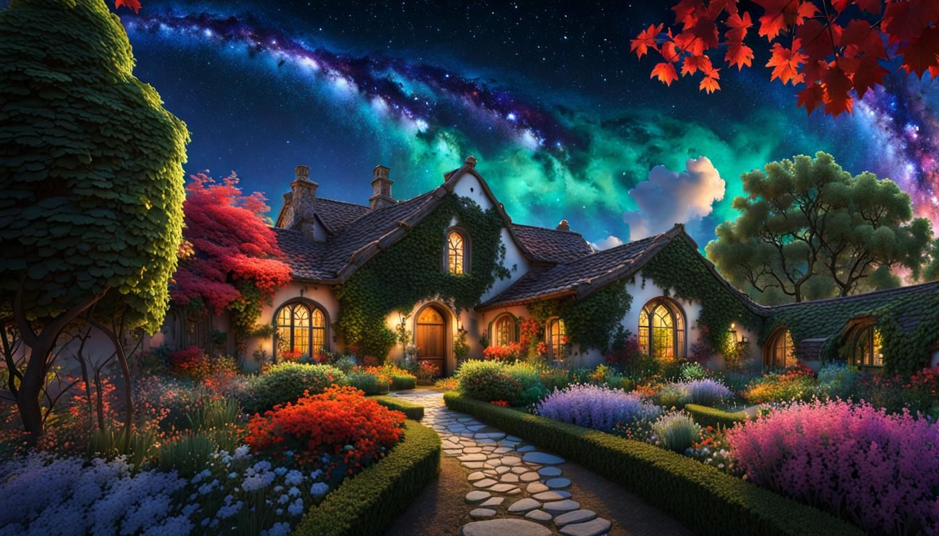 Cosmic Garden with Shimmering Stars in Hyperreal Style