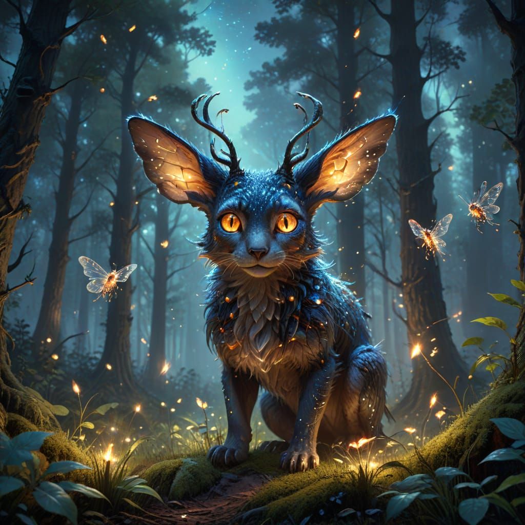 Fantasy Creatures in Forest Clearing Oil Painting