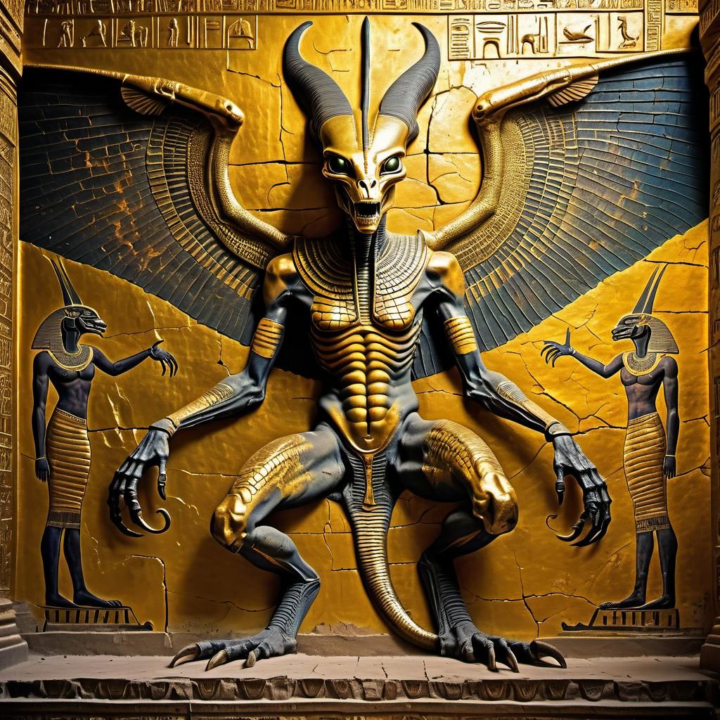 Golden Winged Xenomorph Naga Painting in Ancient Egyptian St...