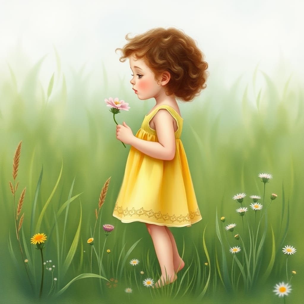 Girl with Flower in Whimsical Watercolor Style