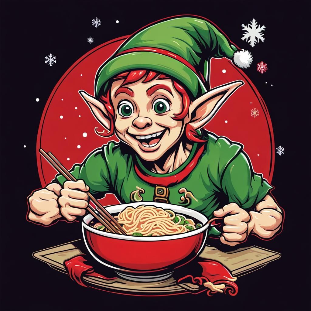 Funny Christmas Elf Eating Ramen: Vector Art