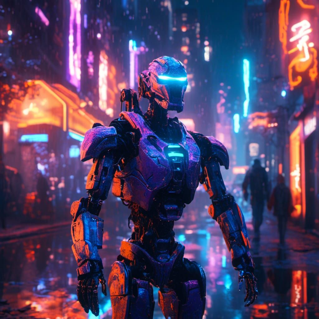 Cyberpunk Robot in Neon Cityscape: Digital Art