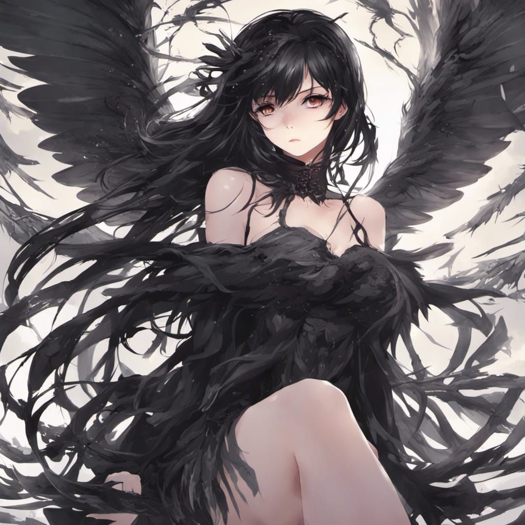 Fallen Angel with Black Wings in Anime Style