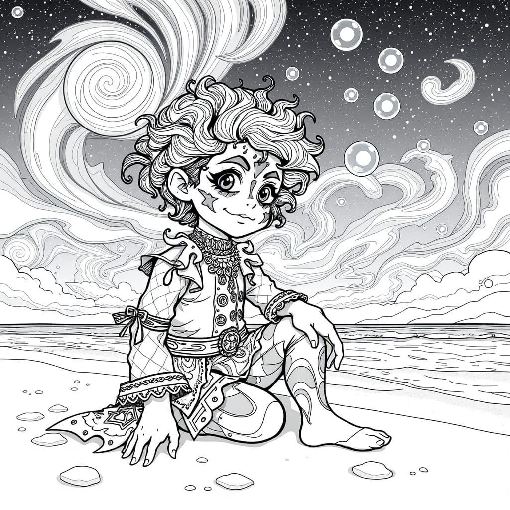 Fantasy Harlequin Child Plays Under Celestial Night Sky