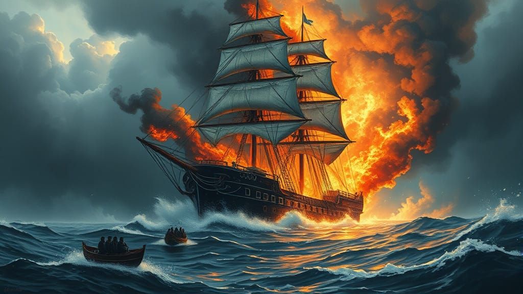 Surreal Sailing Ship Ablaze, Sinking into Turbulent Sea