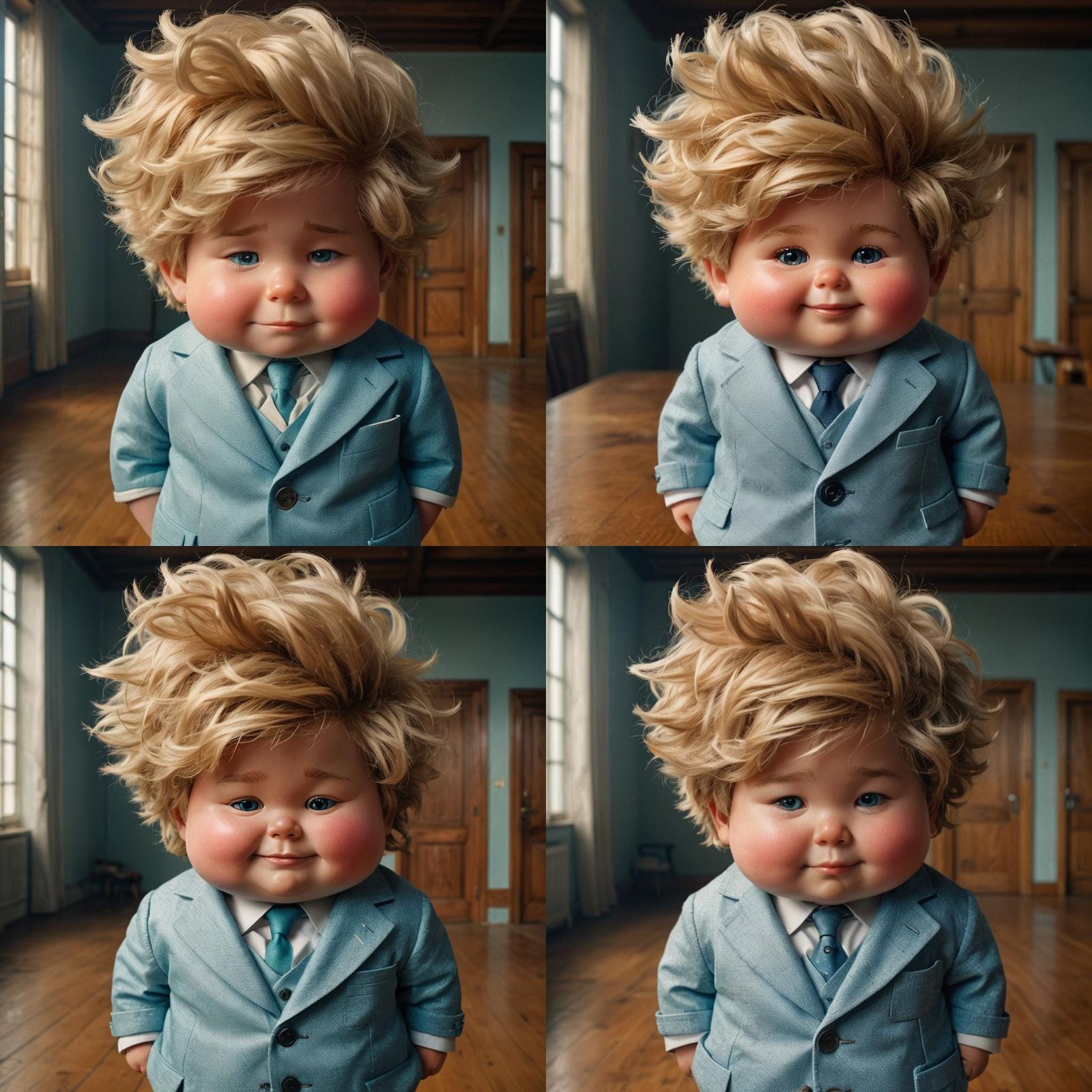 Chubby Boy in Oversized Blue Suit with Messy Blond Hair