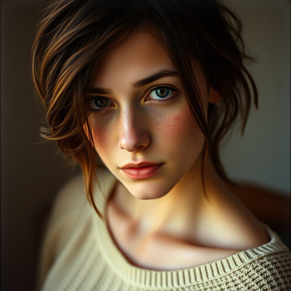 Softly Lit Portrait of Freckled Woman in Vintage Style