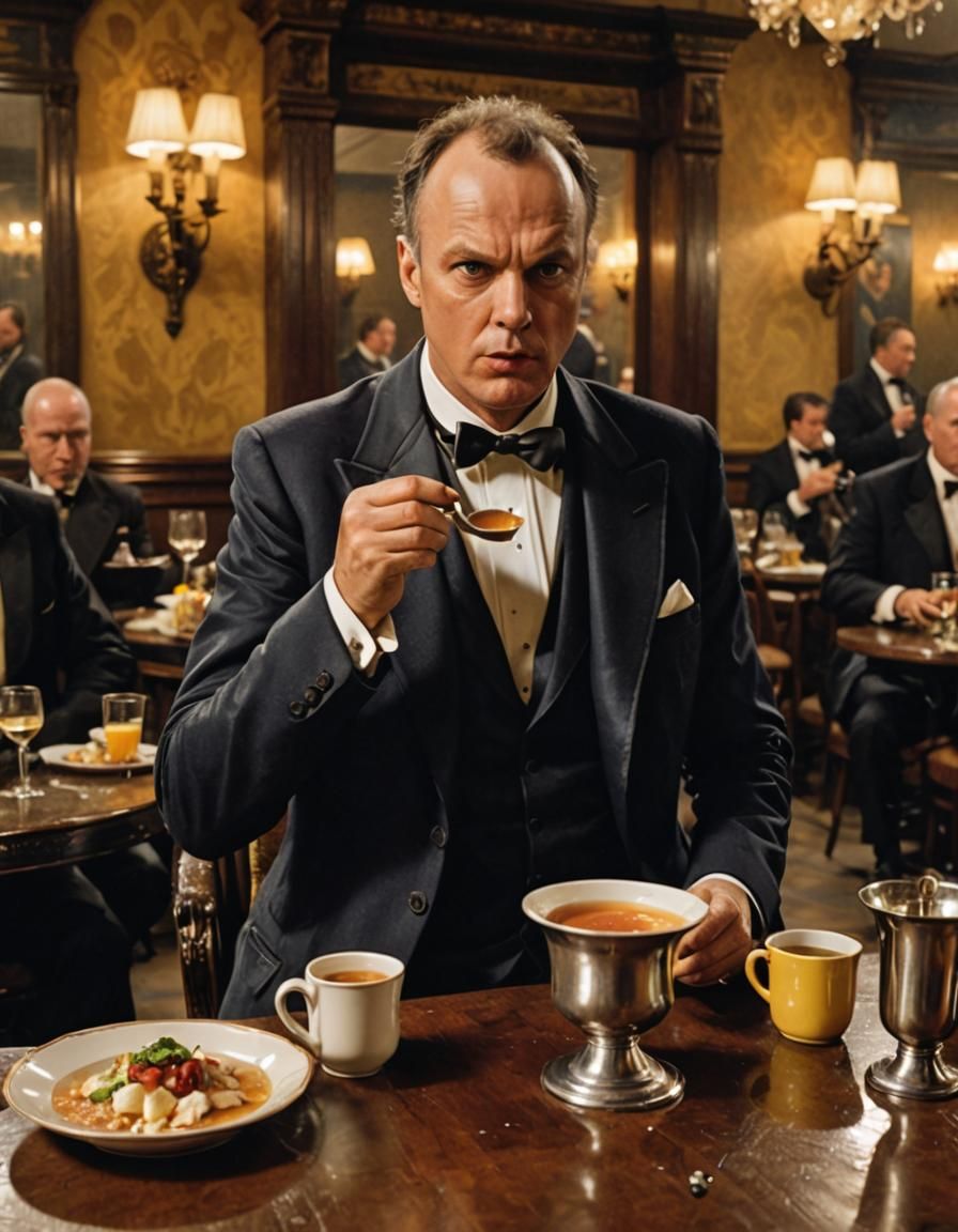 The Penguin Angrily Sips Soup in Cinematic Portrait