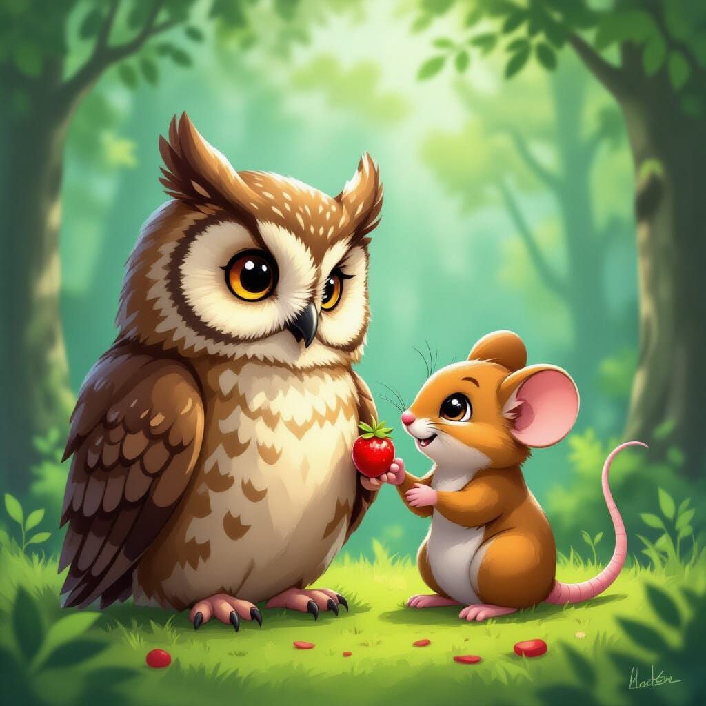 Owl and Mouse Share a Berry in Comic Book Style