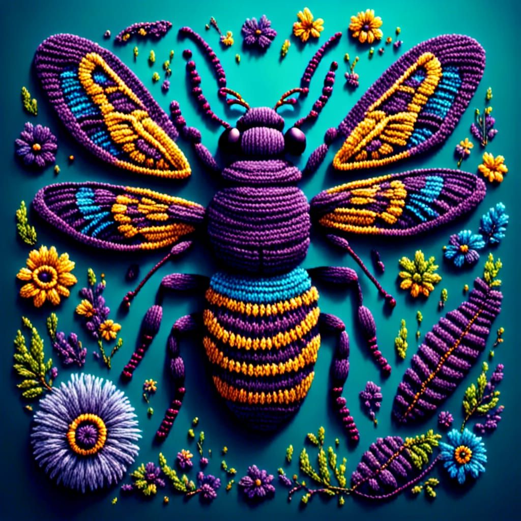 Detailed Embroidery of Insects on Knitted Fabric