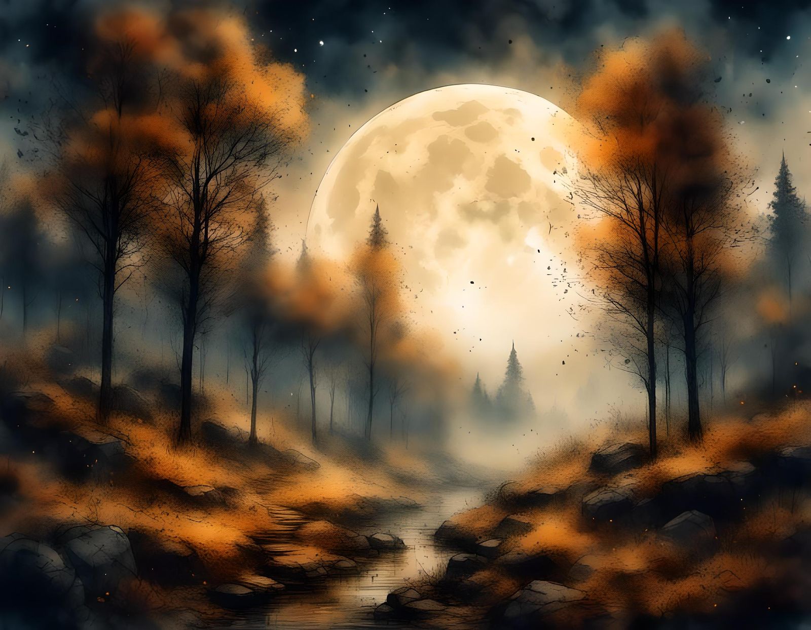Autumn Landscape Under Full Moon in 3D