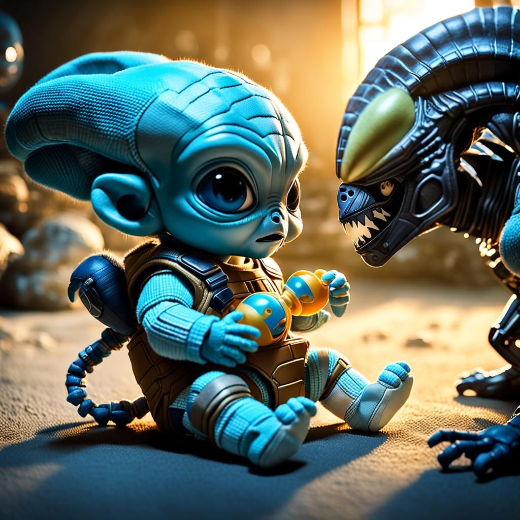Baby Alien Plays with Xenomorph in Fantasy Art