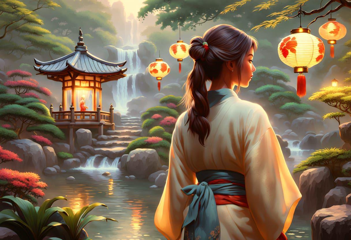 Japanese Garden Serenity Art in Kinkade Style