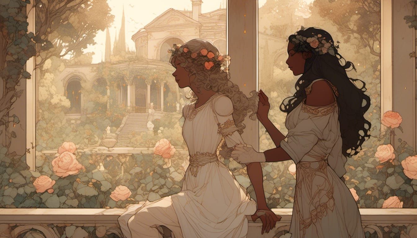 Ancient Greek Detectives in Rose Garden, Rackham Style