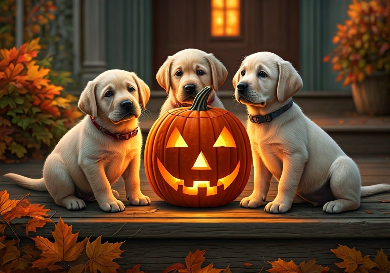 Golden Puppies Celebrate Halloween: Photorealistic Fall Scen...