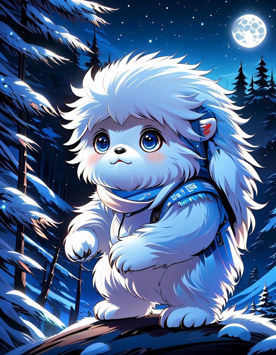 Cute Chibi Yeti at Midnight: Manga-Style Digital Art