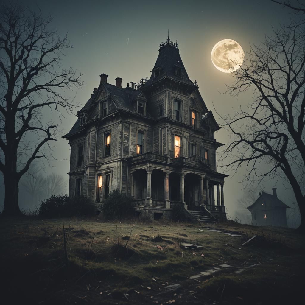 Eerie Abandoned Mansion Under Moonlight