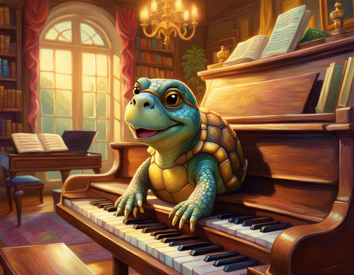 Singing Turtle's Piano Concert: Whimsical Oil Painting
