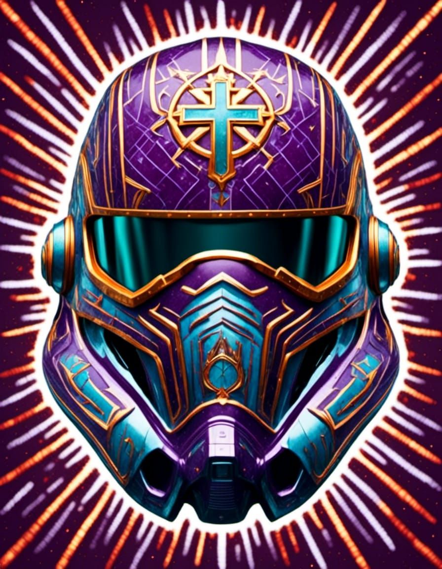 Hyperrealistic, intricately detailed, purple helmet with gre...