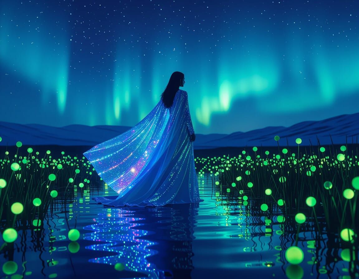 Alien Aurora: Woman in Iridescent Cloak