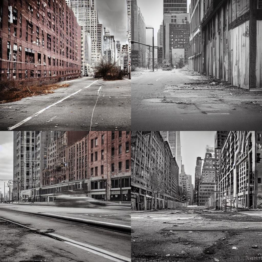 abandoned New York; closed and boarded up buildings; no people; abandoned cars and buses