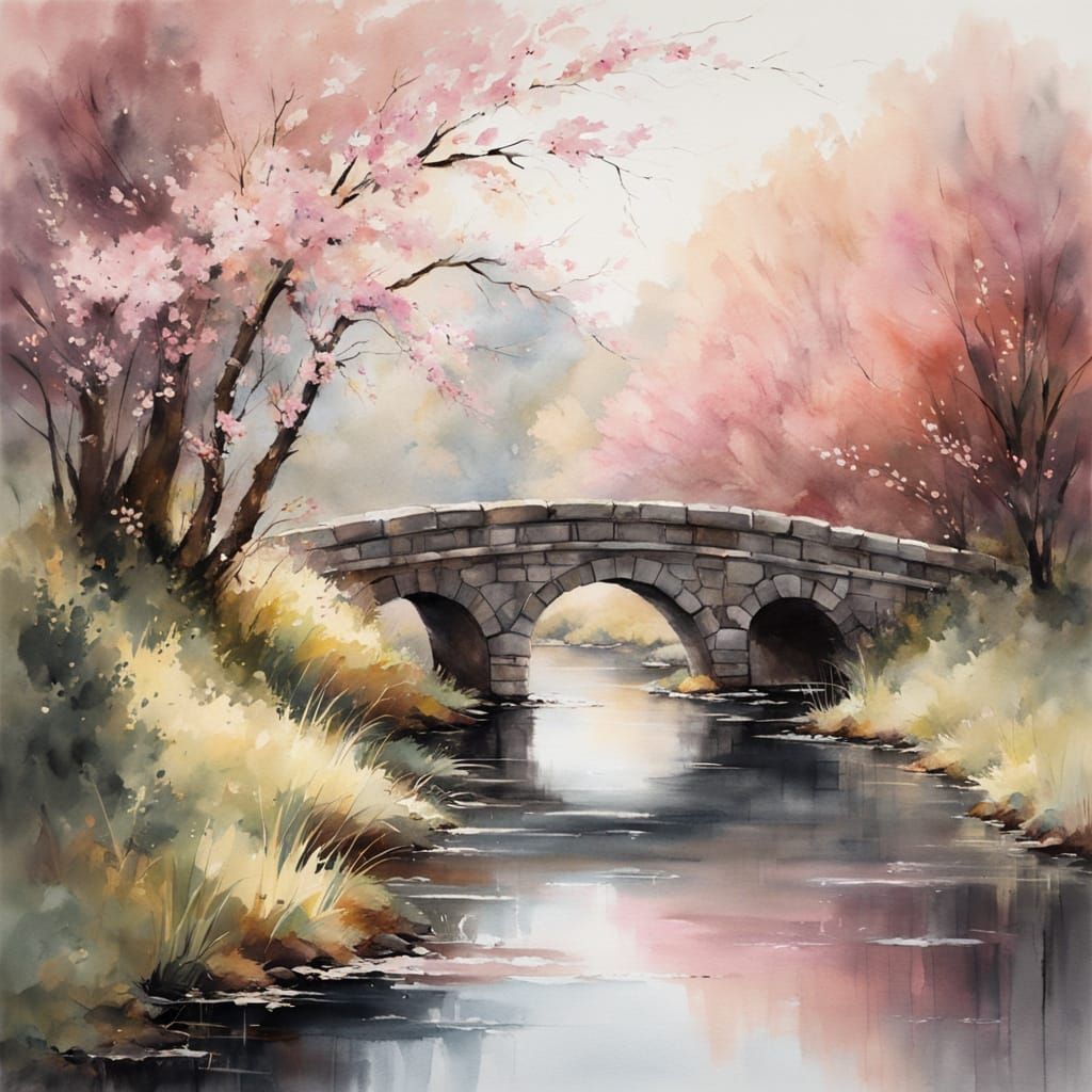 Cherry Blossoms and Stone Bridge in Watercolor
