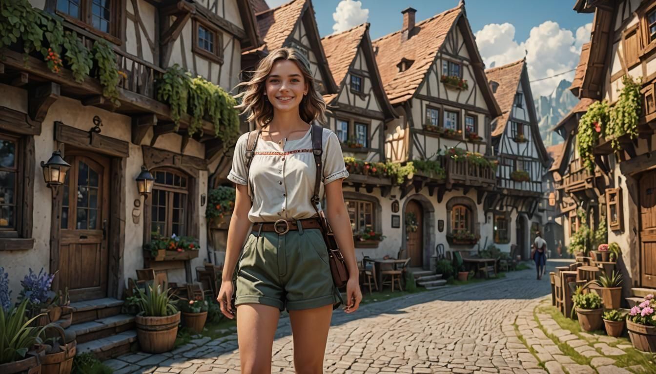 Smiling Girl in Vintage German Village: Matte Painting