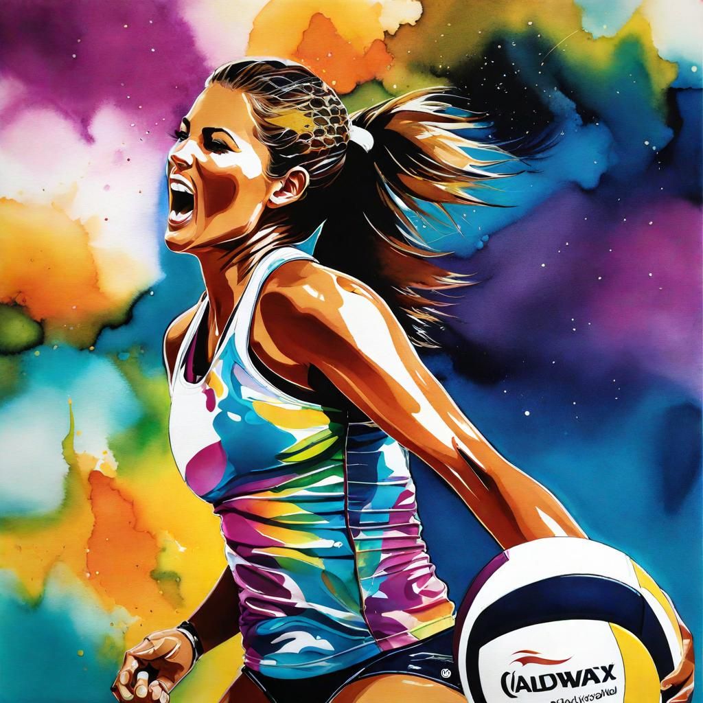 Beach Volleyball Action in Alcohol Ink Style