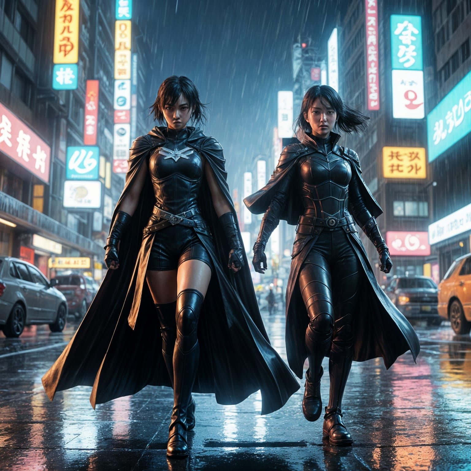 Japanese Heroine vs Villainine in a Rainy City Showdown