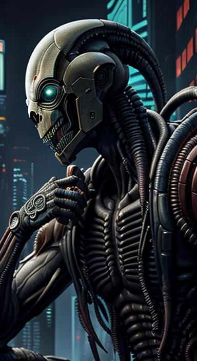 Cyberpunk Xenomorph as Van Gogh-Style Vitruvian Man